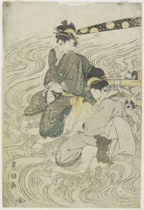 (Deux femmes traversant une rivière sur les épaules de coolies) - Utagawa Toyokuni